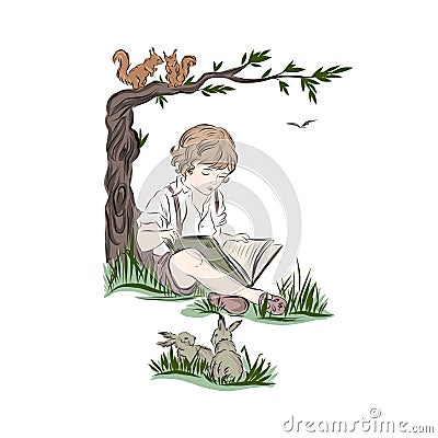 Boy reads book while sitting under tree Vector Illustration